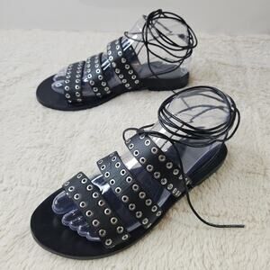 Sol Sana Black 37 Leather Studded accent Slides Sandles‎ with  leather straps